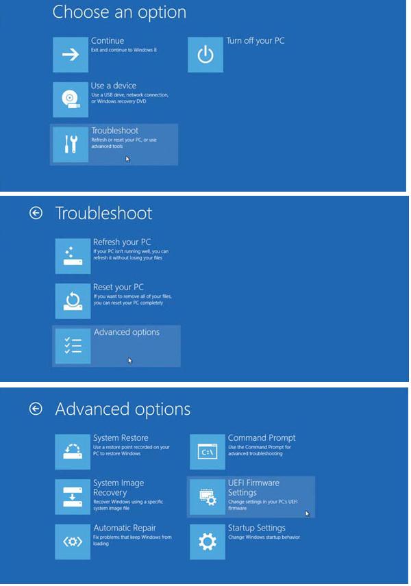 Після перезавантаження автоматично відкриється меню завантаження Windows 8, в якому необхідно вибрати пункти Troubleshoot -> Advanced options