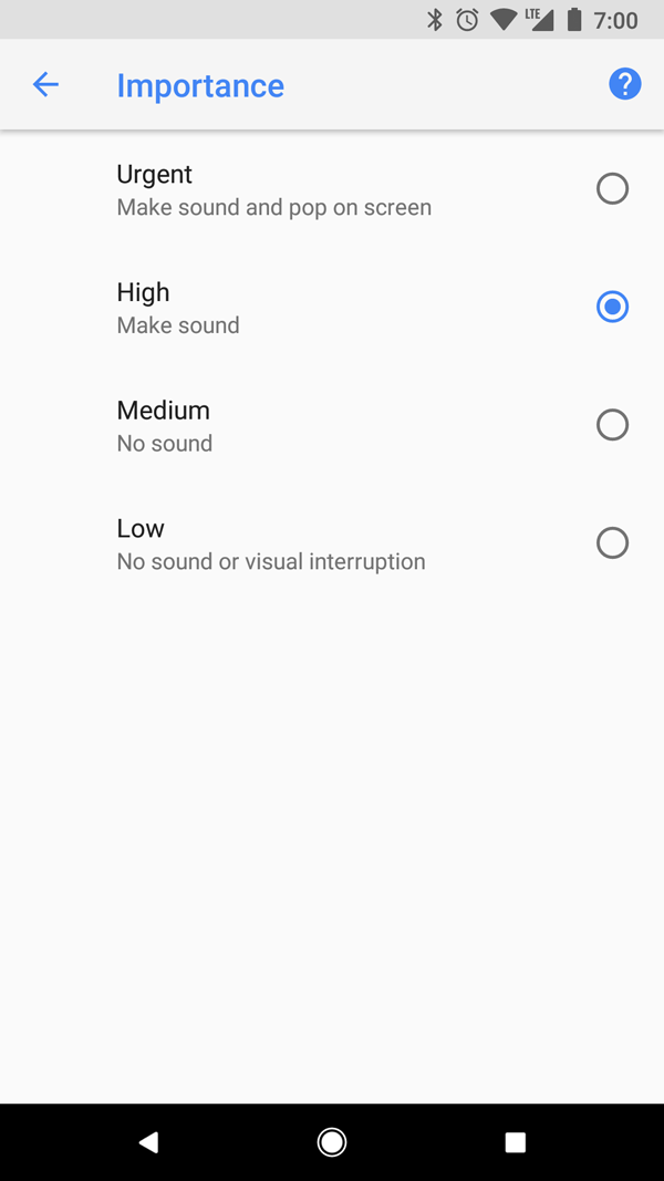 1 (API рівня 25) і більш ранніх версій важливість повідомлення визначається параметром   priority