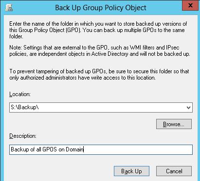 Вкажіть каталог, в який необхідно зберегти резервну копію всіх GPO (в нашому прикладі це S: \ Backup \), короткий опис копії і натисніть кнопку Back Up