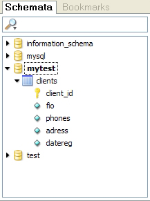 В результаті виконання Refresh повинна відобразитися структура створеної таблиці clients, як на картинці нижче