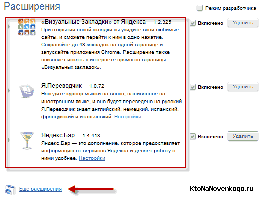І з декількома попередньо розширеннями від Яндекса (так само як і в хром потрібно клацнути по шестерінці в правому верхньому кутку і вибрати «Налаштування» - «Розширення»):