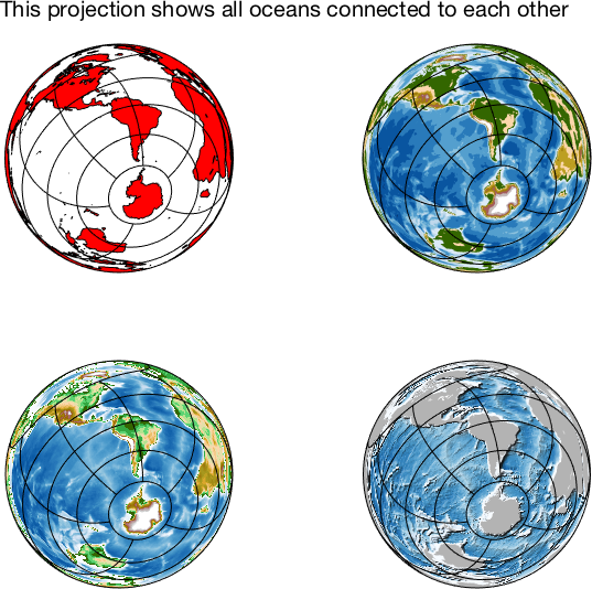 % Ця проекція показує всі океани, пов'язані один з одним - зовнішнє кільце% - це узбережжя Азії (завдяки M BO за цю ідею)%, інакше це лише приклад різних типів карт