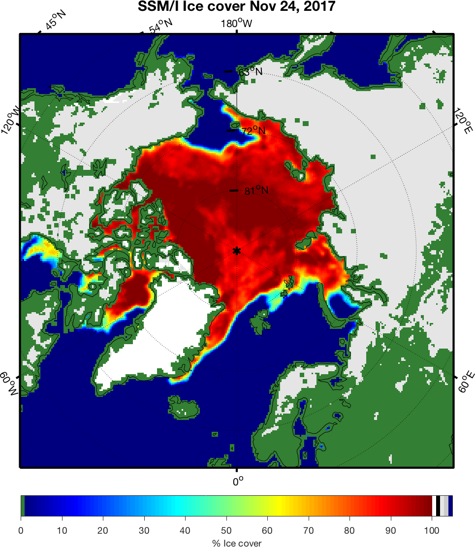 % Щоденна глобальна концентрація льоду та% Снігоспроможність в реальному часі SSM / I-SSMIS EASE-Grid, версія 5%% Бродзик, Дж