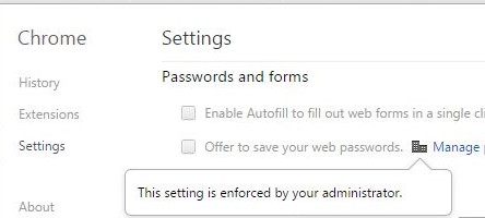 У тому випадку, якщо ви заборонили користувачам змінювати дані параметри Chrome, у вікні браузера з'явиться повідомлення: Деякі параметри вимкнено адміністратором / This setting is enforced by your administrator