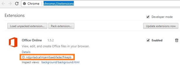 Ідентифікатор розширення Google Chrome можна в параметрах самого розширення в chrome: // extensions (повинен бути включений режим розробника)