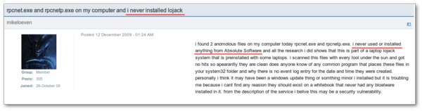 користувач   стверджує   , Що ніколи не використовував продукти Absolute Software, але бачить їх встановленими на свій ПК