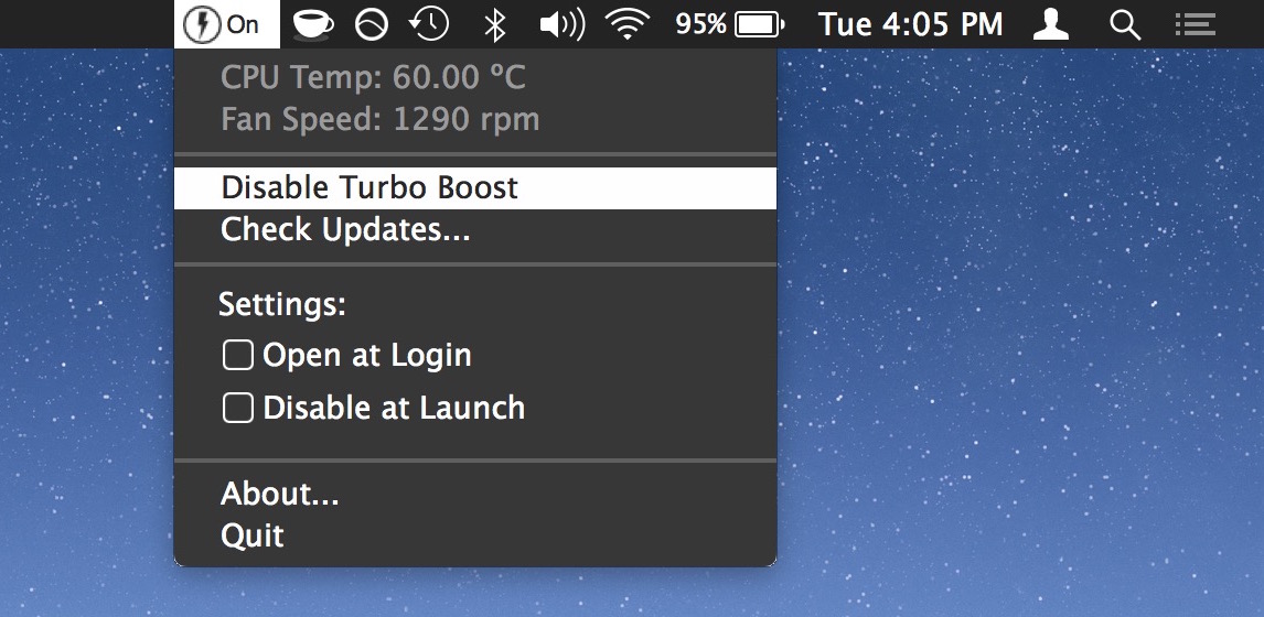 После запуска Turbo Boost Switcher вы найдете пункт меню в Mac OS X, в котором вы можете выключить и снова включить процессор, сбросить меню и выбрать «Disable Turbo Boost», чтобы отключить повышение особенность на Mac