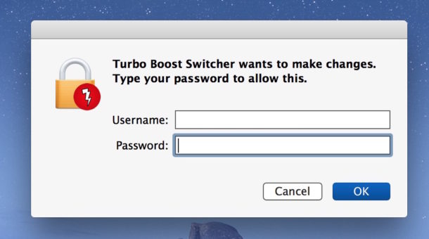 Проверка подлинности при запросе с паролем администратора (необходимо, потому что это расширение ядра), чтобы завершить отключение Turbo Boost на Mac