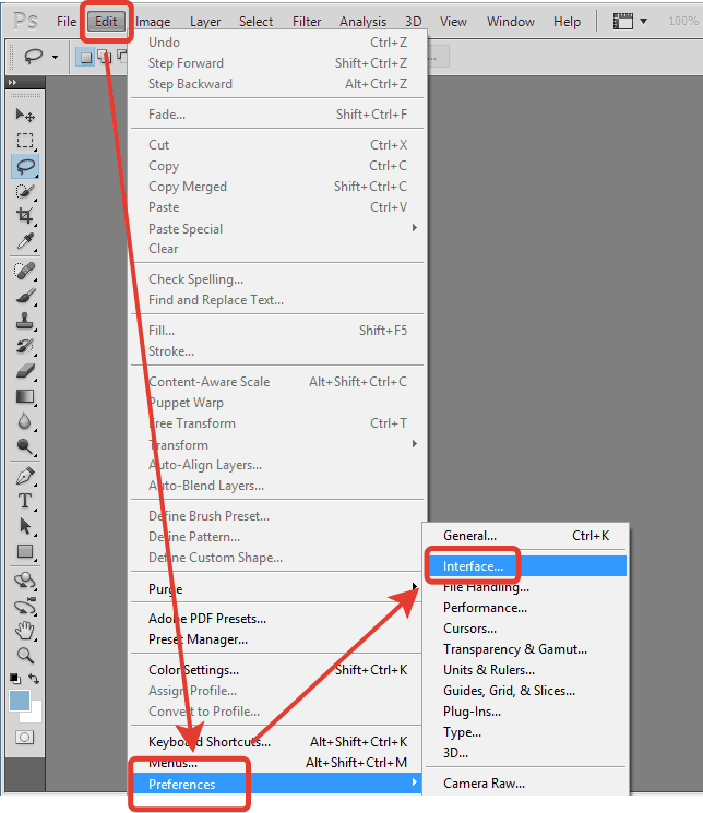 У верхній області вікна програми клацніть по вкладці «Edit» і перейдіть до меню «Preferences» - «Interface»