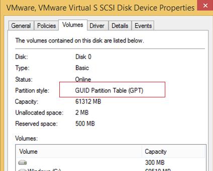 У властивостях ж віртуального диска буде вказано, що використовується таблиця розділів GUID Partition Table (GPT), тому що  MBR на UEFI в наївному режимі не підтримується (тільки в режимі сумісності)